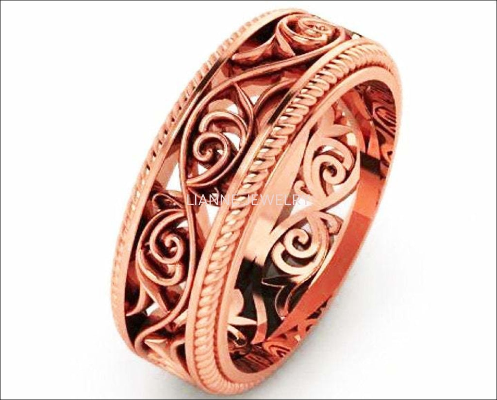 18K Rose Gold Filigree Band Plumeria Ring Filigree Band Milgrain wedding band Unique Ring - Lianne Jewelry