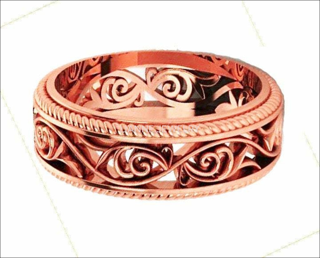 18K Rose Gold Filigree Band Plumeria Ring Filigree Band Milgrain wedding band Unique Ring - Lianne Jewelry