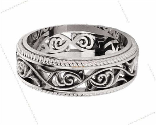 18K White Gold Filigree Band Plumeria Ring Filigree Band Milgrain wedding band Unique Ring - Lianne Jewelry