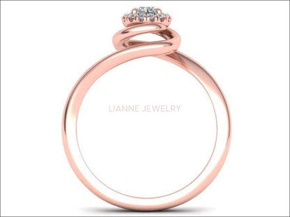 Rose Gold Solitaire Spiral Halo Ring 14K Swirl Shank Unique Engagement Ring Curved Ring Sunflower Ring - Lianne Jewelry