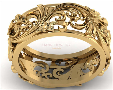 18K Unique Wedding Band Milgrain Band Filigree band Engraved Ring Flower Band Leaf Wedding Band Daughter Gift - Lianne Jewelry