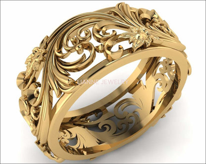 18K Unique Wedding Band Milgrain Band Filigree band Engraved Ring Flower Band Leaf Wedding Band Daughter Gift - Lianne Jewelry