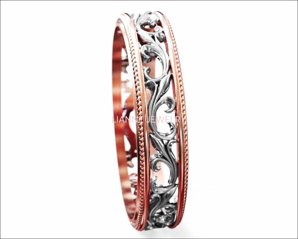 2 Tone Rose gold Floral Band Wedding band Celtic Band Botanical Band Ornament Filigree Band - Lianne Jewelry