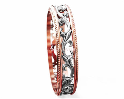 2 Tone Rose gold Floral Band Wedding band Celtic Band Botanical Band Ornament Filigree Band - Lianne Jewelry