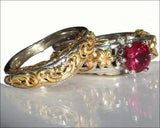 2 Tone Matching Ring Set Filigree Band ring Red Bridal Set Flower Set Ring Milgrain Band Ring Lab Ruby Art Nouveau unique wedding band - Lianne Jewelry