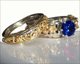 2 Tone Matching Ring Set Filigree Band Ring Blue Bridal Set Flower Set Ring Milgrain Band Ring Lab Sapphire Art Nouveau unique wedding band - Lianne Jewelry