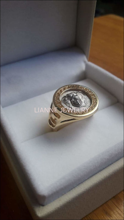 Gold ring Unique Men's gift Signet ring Men's ring Engraved Ring 18K White in Yellow gold - Lianne Jewelry