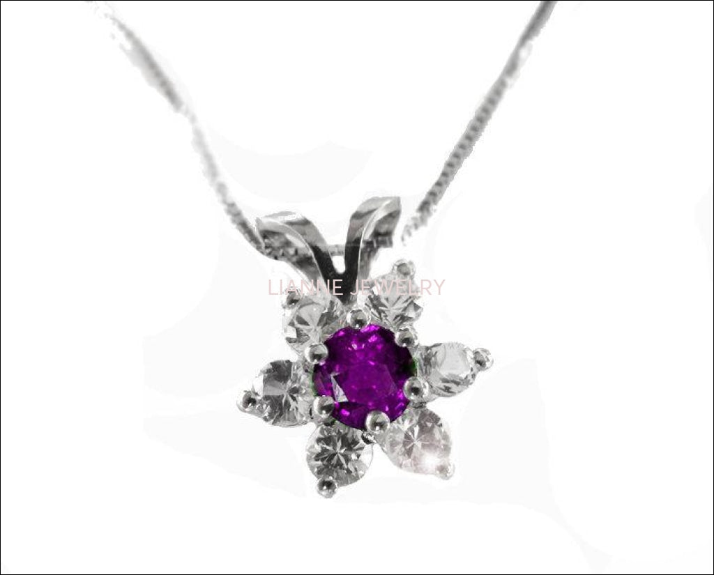 Flower Pendant Sapphire & Diamonds in 14K White gold, Including Venetian Box Chain 18 inches, 45cm Long Box chain, Gold Chain - Lianne Jewelry