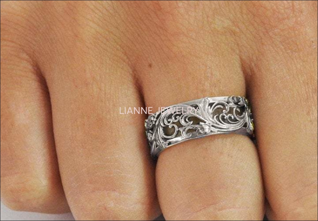 18K White gold Flower Band Wedding Band Unique Botanical Jewelry, Leaves Band - Lianne Jewelry