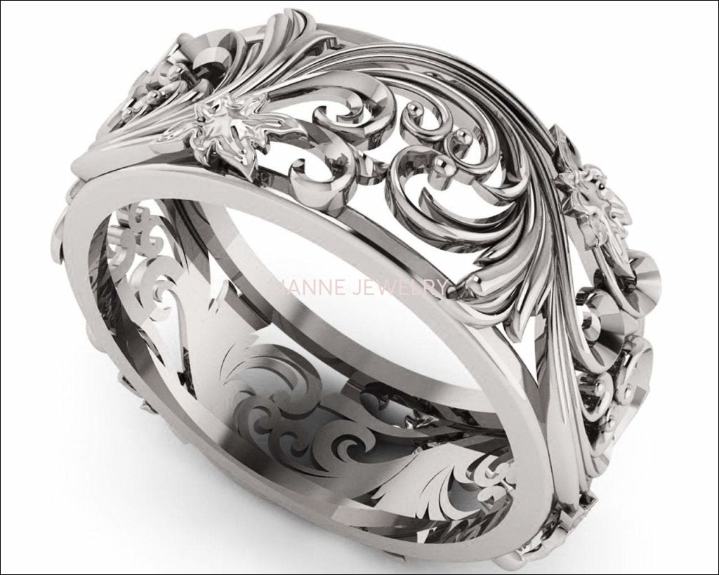 18K White gold Flower Band Wedding Band Unique Botanical Jewelry, Leaves Band - Lianne Jewelry
