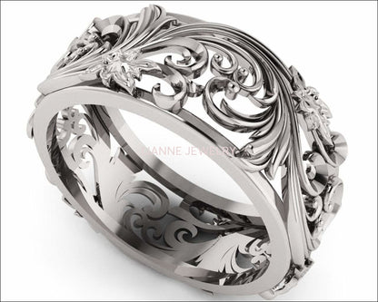 18K White gold Flower Band Wedding Band Unique Botanical Jewelry, Leaves Band - Lianne Jewelry