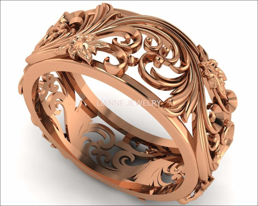 Rose gold Filigree Band 18K Leaves Band Wedding Band Milgrain Band Flower Jewelry - Lianne Jewelry