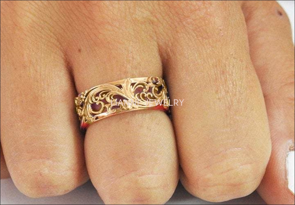 Rose gold Filigree Band 18K Leaves Band Wedding Band Milgrain Band Flower Jewelry - Lianne Jewelry