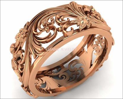 Rose gold Filigree Band 18K Leaves Band Wedding Band Milgrain Band Flower Jewelry - Lianne Jewelry