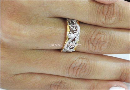 2 Tone Wedding Band Leaves 18K Gold Flower Band Milgrain Band Ring Promise Band - Lianne Jewelry