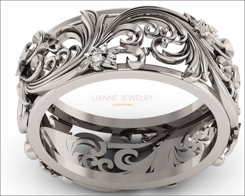 Silver Flower Band Wedding Band Unique Botanical Jewelry, Leaves Band - Lianne Jewelry