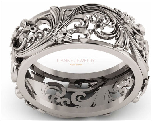 18K White gold Flower Band Wedding Band Unique Botanical Jewelry, Leaves Band - Lianne Jewelry