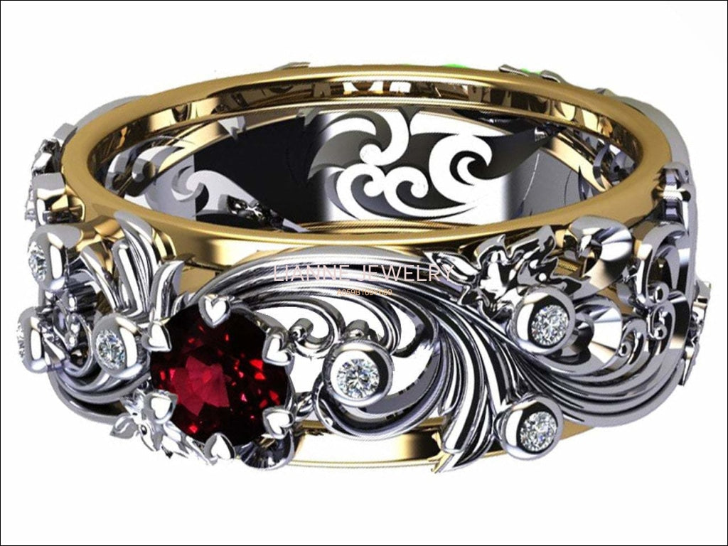 Ruby Leaves Band Silver 2 tone Wedding Band with Diamonds Filigree Flower Band - Lianne Jewelry