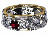 Ruby Leaves Band Silver 2 tone Wedding Band with Diamonds Filigree Flower Band - Lianne Jewelry