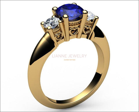 3 stone Filigree Sapphire Heart Engagement Ring 14K Yellow gold Heart Milgrain Ring Promise Ring for Your Love One - Lianne Jewelry