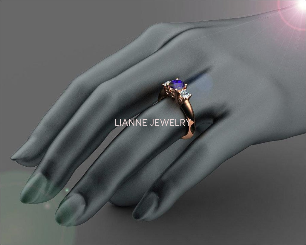 3 stone Filigree Sapphire Heart Engagement Ring 14K Yellow gold Heart Milgrain Ring Promise Ring for Your Love One - Lianne Jewelry