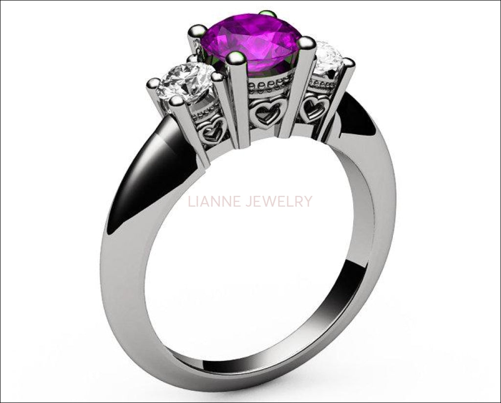 3 stone Heart Filigree Amethyst Engagement Ring 14K Yellow gold Heart Milgrain Ring Promise Ring for Your Love One - Lianne Jewelry