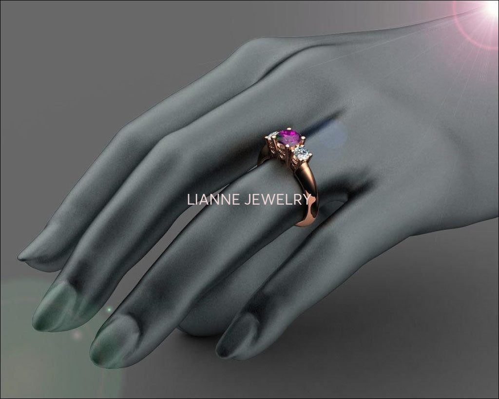 3 stone Heart Filigree Amethyst Engagement Ring 14K Yellow gold Heart Milgrain Ring Promise Ring for Your Love One - Lianne Jewelry