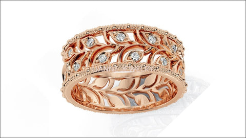 Rose gold Leaves Wedding Band Wide Band with Diamonds Leaf Floral Band Ring Birthday Gift Wedding Ring Band Milgrain - Lianne Jewelry
