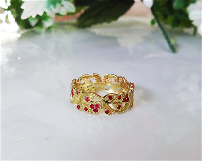 Ruby Milgrain Floral Leaves Band 18K Yellow gold with Rubies Filigree Ring Twig Ring - Lianne Jewelry