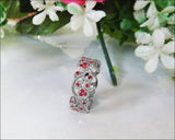 18K White gold Leaves Band with Rubies Filigree Ring Milgrain Twig Ring - Lianne Jewelry