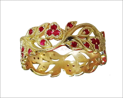 Ruby Milgrain Floral Leaves Band 18K Yellow gold with Rubies Filigree Ring Twig Ring - Lianne Jewelry