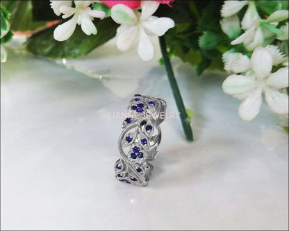 18K White gold Leaves Band with 42 Sapphires Filigree Ring Milgrain Twig Ring - Lianne Jewelry