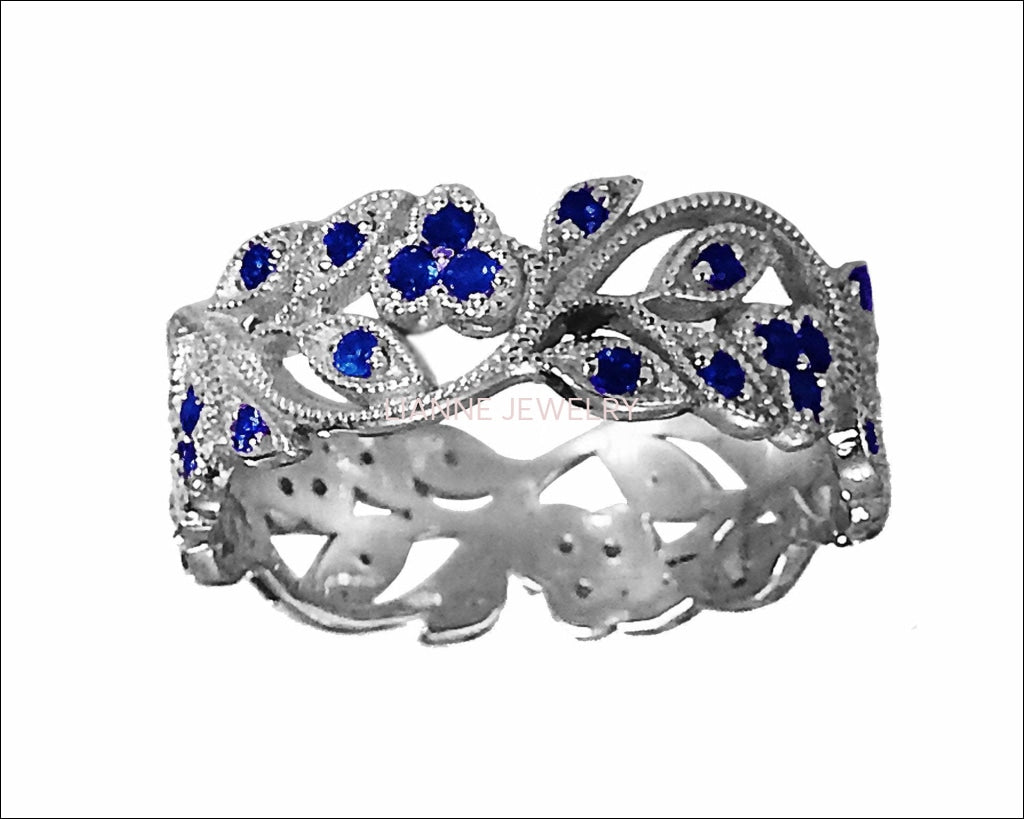 18K White gold Leaves Band with 42 Sapphires Filigree Ring Milgrain Twig Ring - Lianne Jewelry