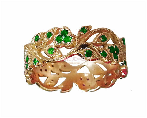 18K Rose gold Leaves Band Emerald Filigree Ring Milgrain Twig Ring - Lianne Jewelry