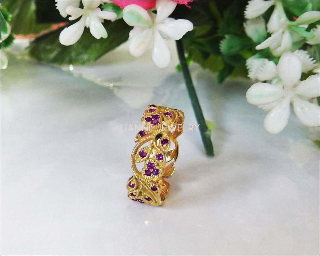 18K Yellow gold Amethyst eaves Band Purple Filigree Ring Milgrain Twig Ring - Lianne Jewelry