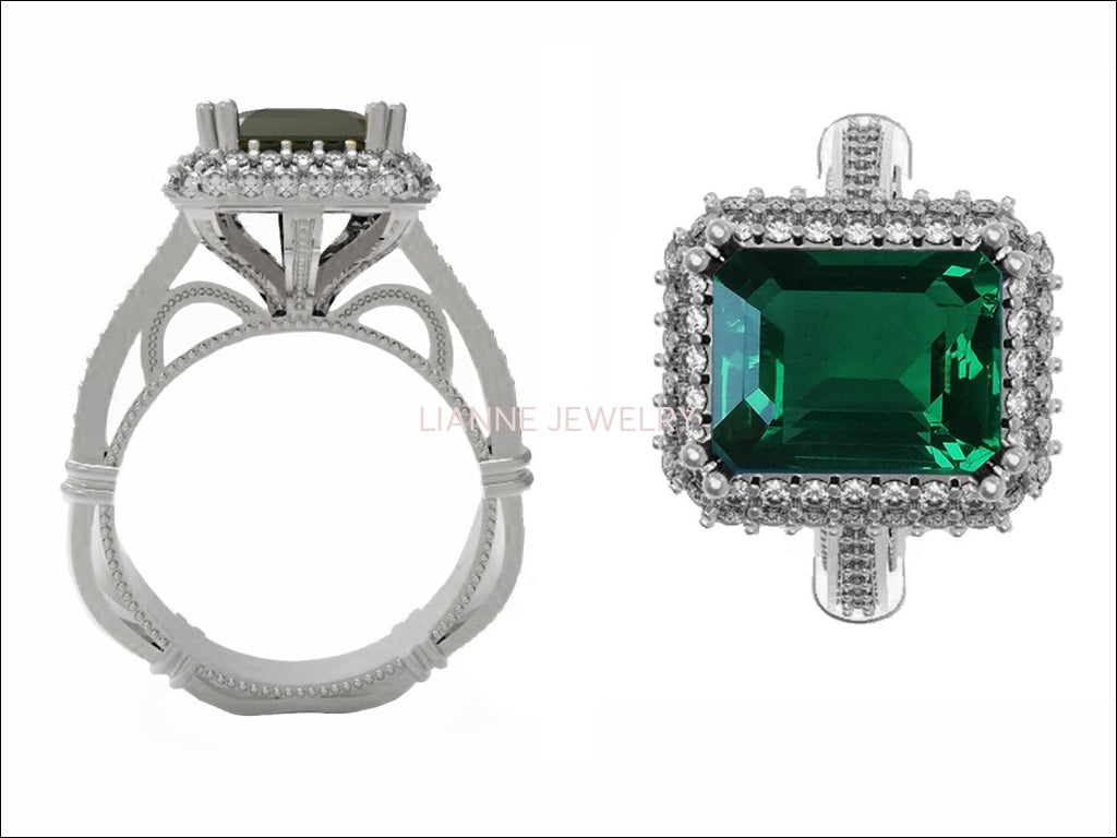 18K White Gold Emerald Engagement Ring Milgrain Pave Diamond all around Halo Emerald Ring Gold Ring Vintage Style Emerald May Birthstone - Lianne Jewelry