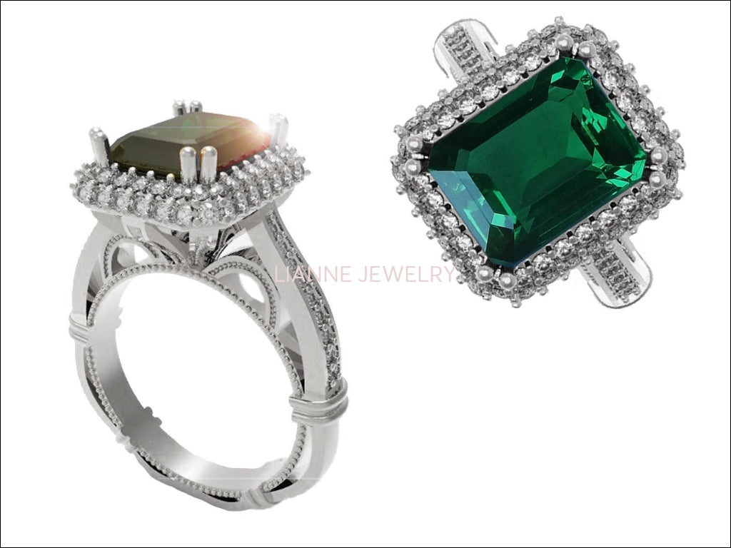 18K White Gold Emerald Engagement Ring Milgrain Pave Diamond all around Halo Emerald Ring Gold Ring Vintage Style Emerald May Birthstone - Lianne Jewelry