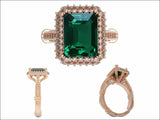 18K Rose Gold Emerald Emerald cut Engagement Ring surrounded with Diamonds - Lianne Jewelry