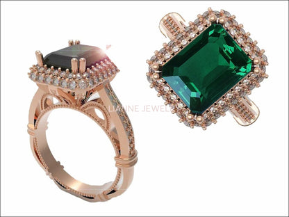 18K Rose Gold Emerald Emerald cut Engagement Ring surrounded with Diamonds - Lianne Jewelry