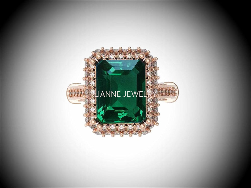 18K Rose Gold Emerald Emerald cut Engagement Ring surrounded with Diamonds - Lianne Jewelry