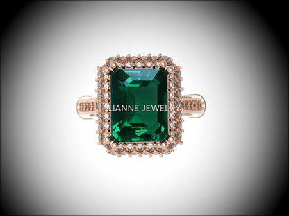 18K Rose Gold Emerald Emerald cut Engagement Ring surrounded with Diamonds - Lianne Jewelry