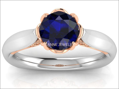 2 Tone Sapphire Engagement Ring Milgrain Solitaire Ring 18K Solid Gold Contour Filigree Vintage Style - Lianne Jewelry