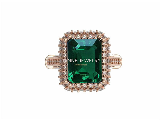 18K Rose Gold Emerald Emerald cut Engagement Ring surrounded with Diamonds - Lianne Jewelry