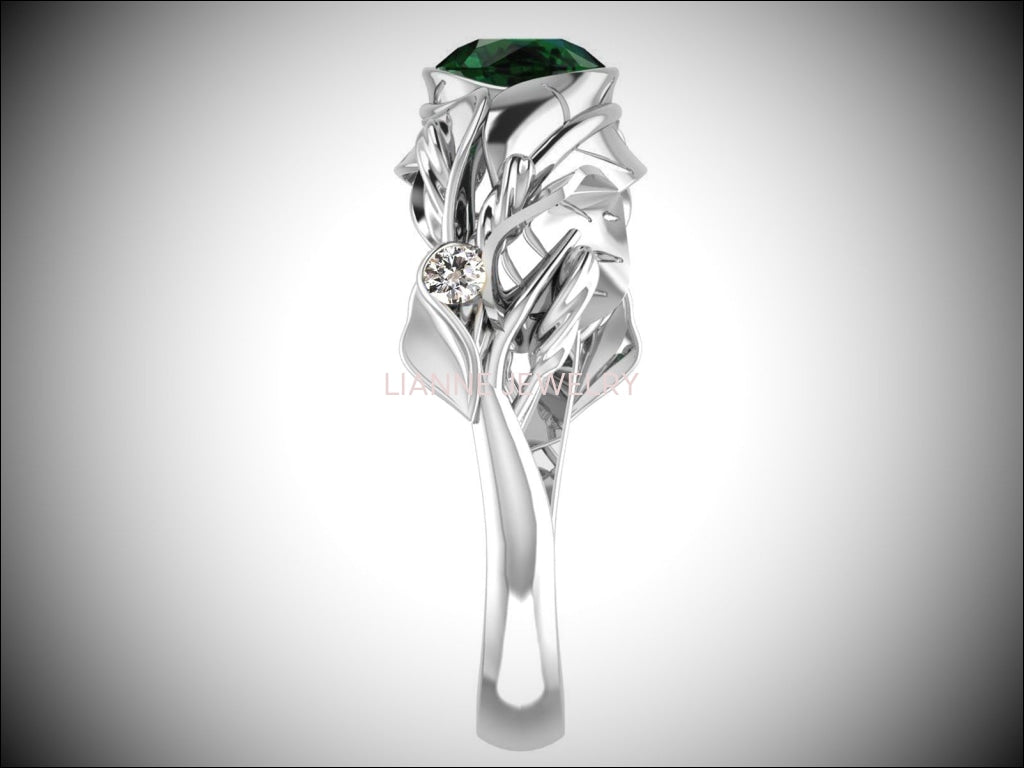 Floral Emerald Engagement Ring Leaves Ring Solitaire Ring 18K Solid White Gold Twig Ring Branch Ring Botanical Ring Vintage Style - Lianne Jewelry