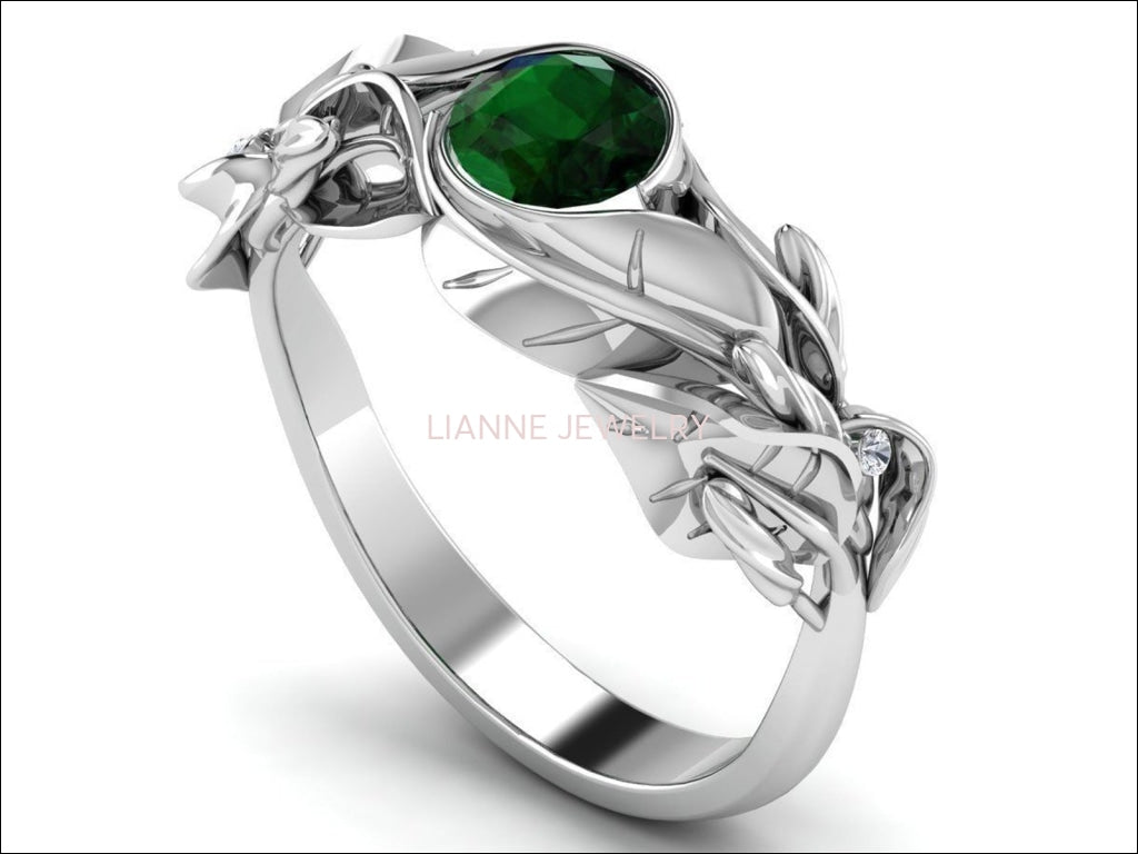 Floral Emerald Engagement Ring Leaves Ring Solitaire Ring 18K Solid White Gold Twig Ring Branch Ring Botanical Ring Vintage Style - Lianne Jewelry