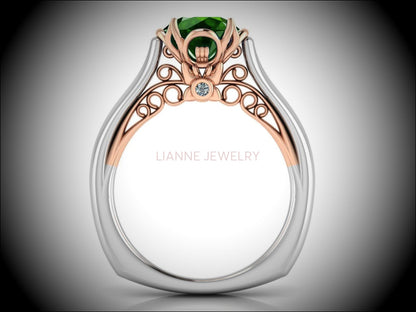 2 Tone Emerald Engagement Ring Milgrain Solitaire Ring 18K Solid Gold Contour Filigree Vintage Style - Lianne Jewelry