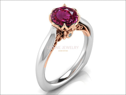 2 Tone Pink Sapphire Engagement Ring Milgrain Solitaire Ring 18K Solid Gold Contour Filigree Vintage Style - Lianne Jewelry