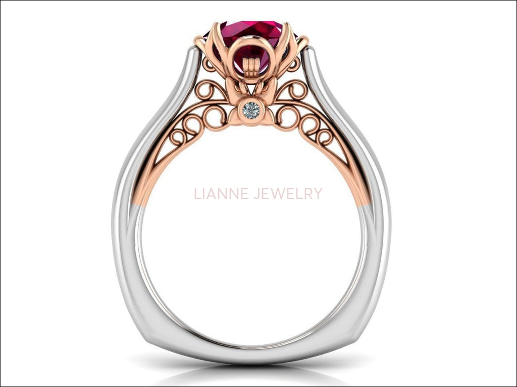 2 Tone Pink Sapphire Engagement Ring Milgrain Solitaire Ring 18K Solid Gold Contour Filigree Vintage Style - Lianne Jewelry