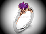 2 Tone Amethyst Engagement Ring Milgrain Solitaire Ring 18K Solid Gold Contour Filigree Vintage Style - Lianne Jewelry