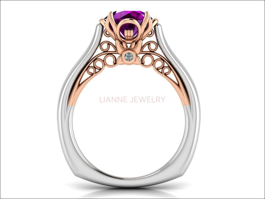 2 Tone Amethyst Engagement Ring Milgrain Solitaire Ring 18K Solid Gold Contour Filigree Vintage Style - Lianne Jewelry